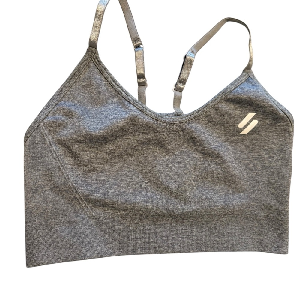 Superdry heathered gray thin strap contour Sports Bra athletic lifting yoga gym